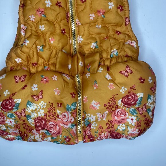 Little Lass Mustard Yellow Floral Quilted Puffer Vest with Faux Fur Hood - 18M - Picture 4 of 9
